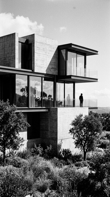 Black-and-white reference photograph of a modern concrete and glass residential building