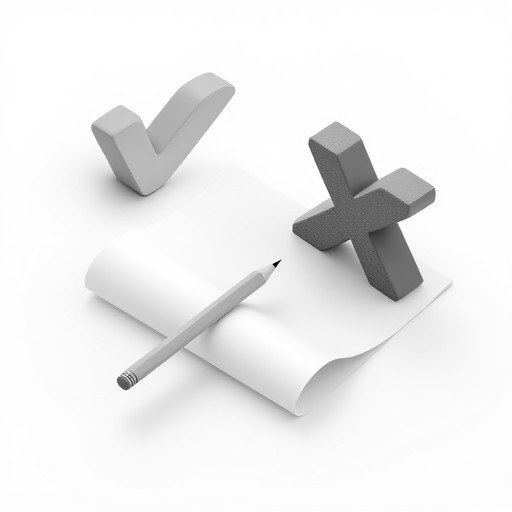 Black-and-white picture of a tick and a cross beside a sheet of paper and a pencil, standing for test results