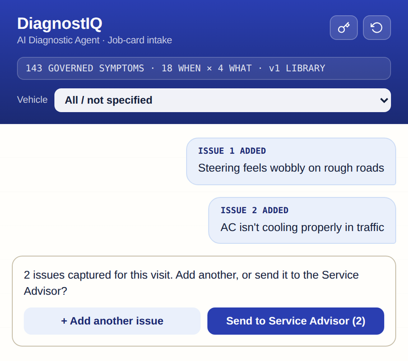 Screen showing a customer's two issues, typed in plain words: steering feels wobbly on rough roads, and the AC isn't cooling properly in traffic.